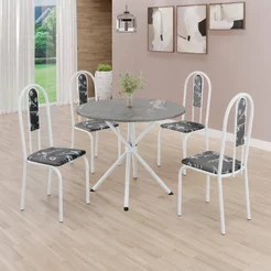 Conjunto Sala de Jantar Mesa Redonda 70cm Tampo Granito Topázio 4 Cadeiras Linda Yescasa Branco/Preto Floral Preto