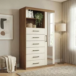 Cômoda Sapateira Multiuso 6 Gavetas 1 Porta com Espelho Marabá Jatobá/Areia Marrom/Jatoba Jatoba/Areia