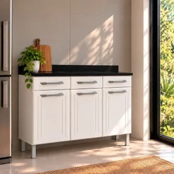 Balcão de Cozinha em Aço Triplo com Tampo Topázio Branco Branco