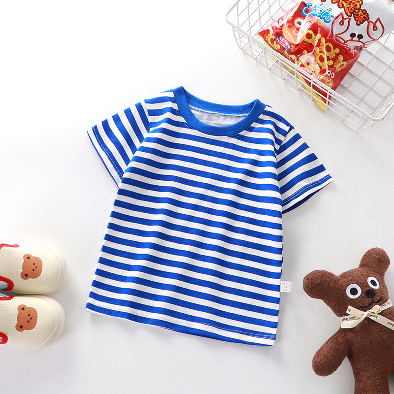 Crianças crianças camiseta de manga curta verão puro algodão estilo fino meninos listrado topos do bebê meninas camisas 