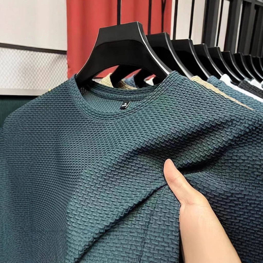 Malha Slub gelo seda camiseta masculina de manga curta verão estiramento fino-ajuste de secagem rápida legal topo Casual