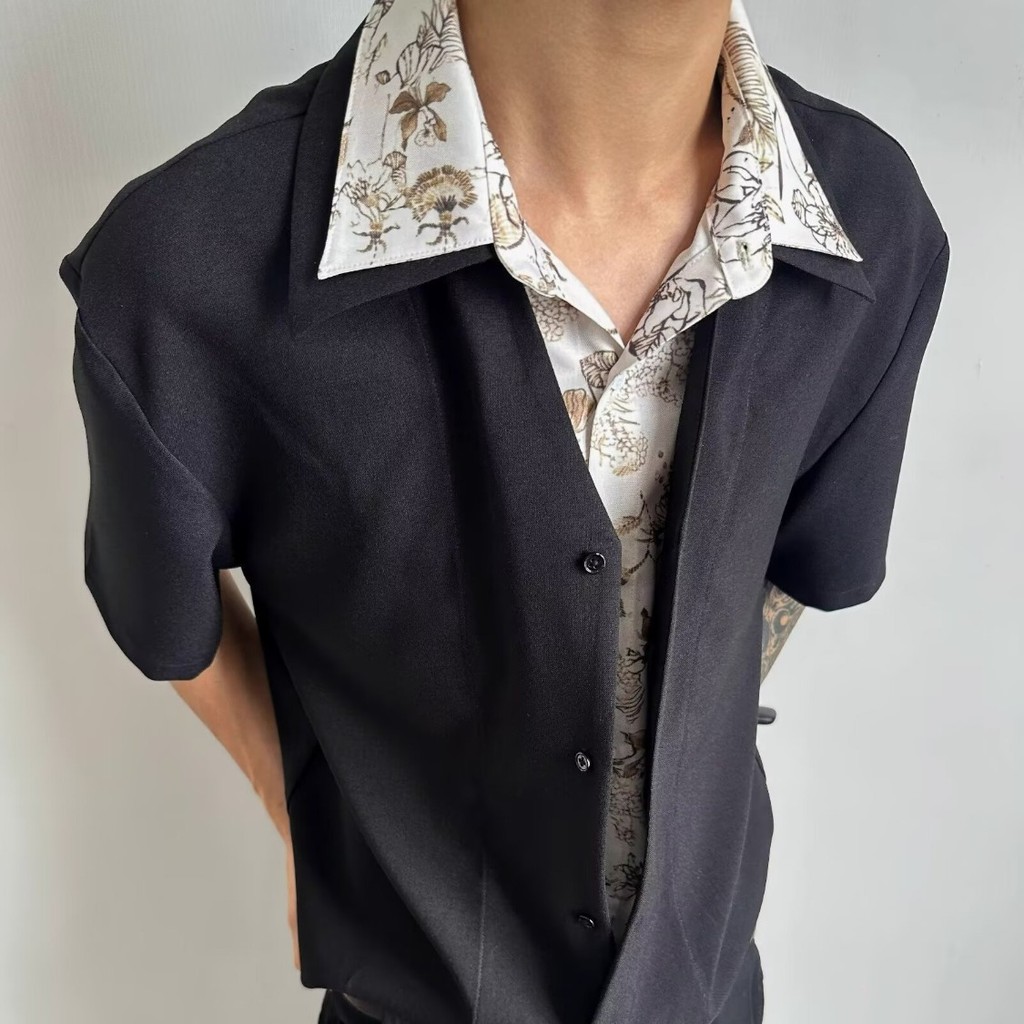 Camisa falsa de duas peças com estampa de lapela dupla masculina, moda moderna, confortável, estilo Hong Kong, Design co