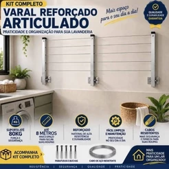 Varal de Roupa de Parede Retrátil 80kg Até 8 metros Resistente 3 Hastes com Kit instalação