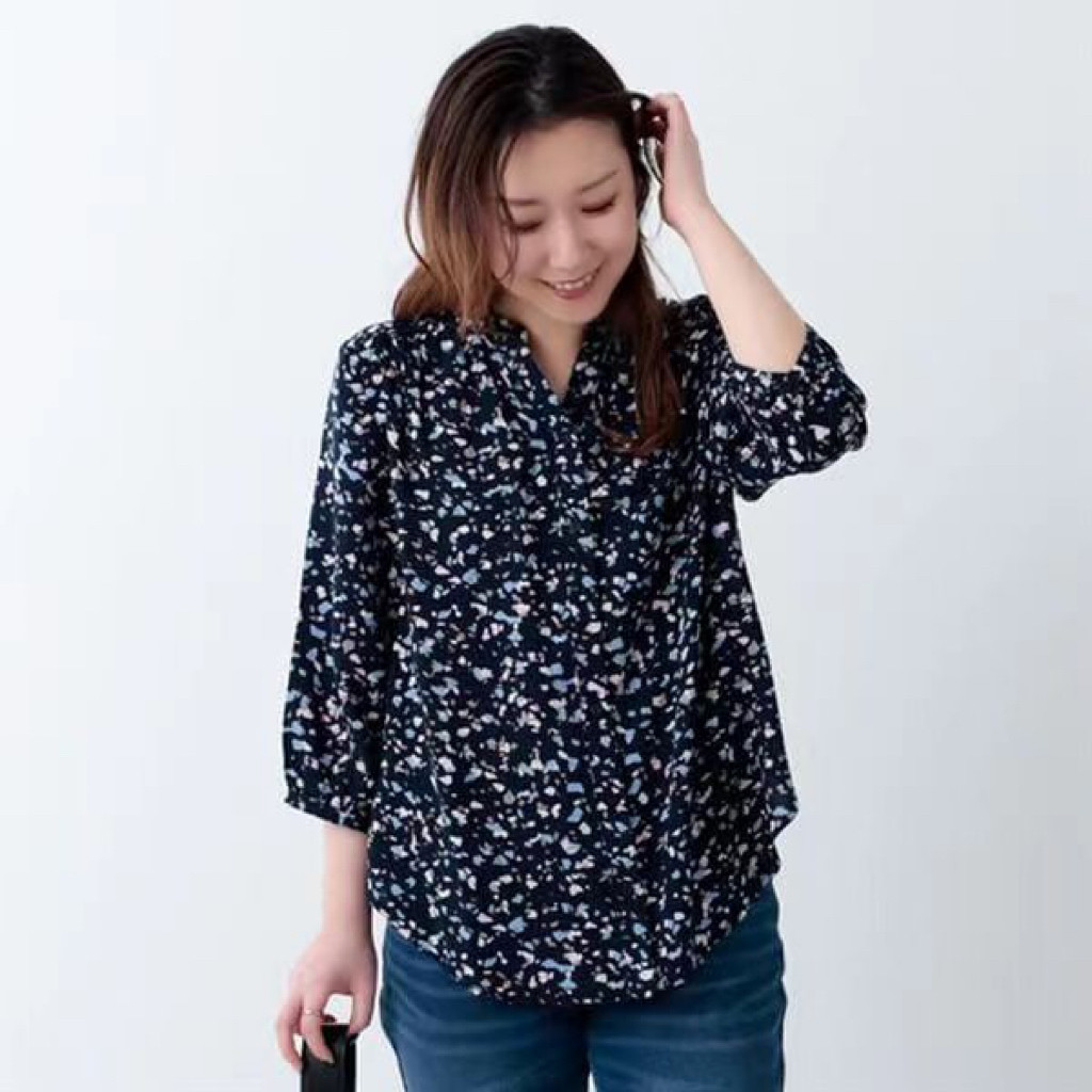 Japonês único senhoras impresso algodão manga de três quartos com decote em V camisa solta Casual mãe usar primavera ver