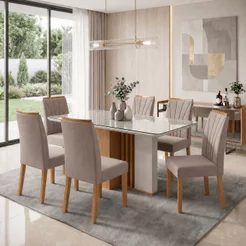 Conjunto Sala de Jantar 6 Lugares Retangular Tampo Vidro/MDF Mesa Astrid com Cadeiras Apogeu Bege Amêndoa Clean/Off