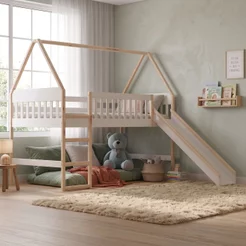 Cama Cabana Infantil Elevada com Escorregador em Madeira e MDF Branco
