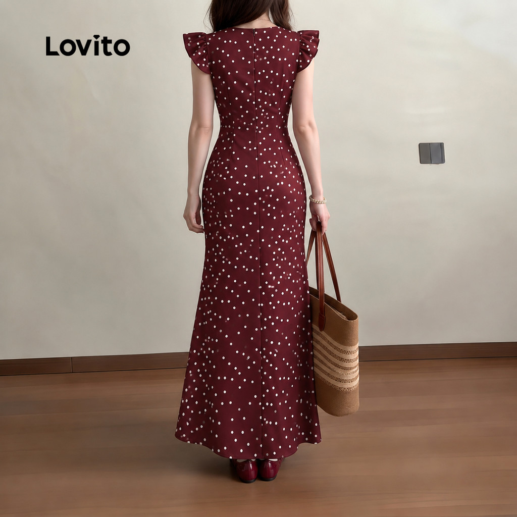 Lovito Vestido Feminino Bordô Poá em Renda Modelo Longo A com Zíper Primavera Verão Traje de Trabalho DRT204P1D046 — imagem 2 de 2