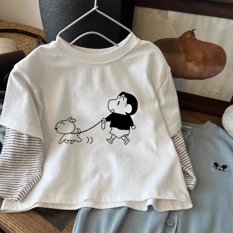 Algodão puro meninos listrado em torno do pescoço de manga comprida camiseta 2026 primavera outono novo estilo crianças 