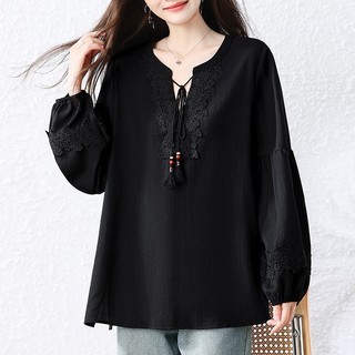 Olhos grandes [Roupas femininas grandes] Camisa de manga comprida - Design de textura solta ligeiramente gorda Início do
