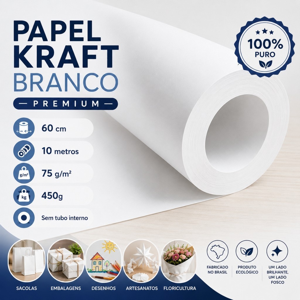 Papel Kraft Branco Monolúcido 75g Com 60cm De Largura x 10 Metros