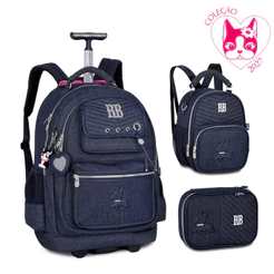 Kit Mochila de Rodinhas Com Estojo e Lancheira Rebecca Bonbon Jeans