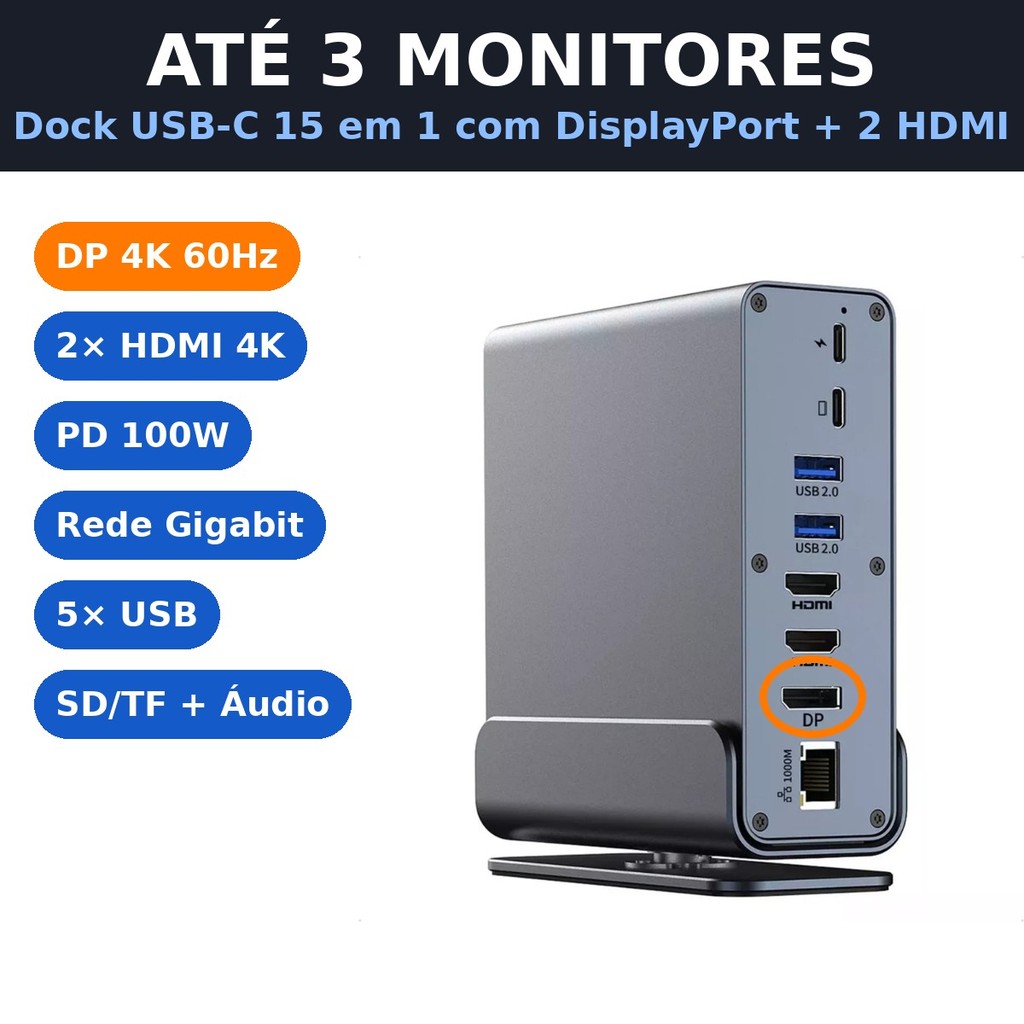 Dock Station USB-C 15 em 1 com DisplayPort DP + 2 HDMI 4K 3 Monitores PD 100W Rede Gigabit Hub Vertical Notebook MacBook