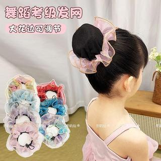 Meninas dança teste bola cabeça grande laço cordão rede de cabelo colorido onda gaze flor ajustável rede de cabelo bolso