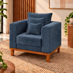 Poltrona Sala Premium Beny Linho Azul Com Almofadas Decorativas Madeira Estofados