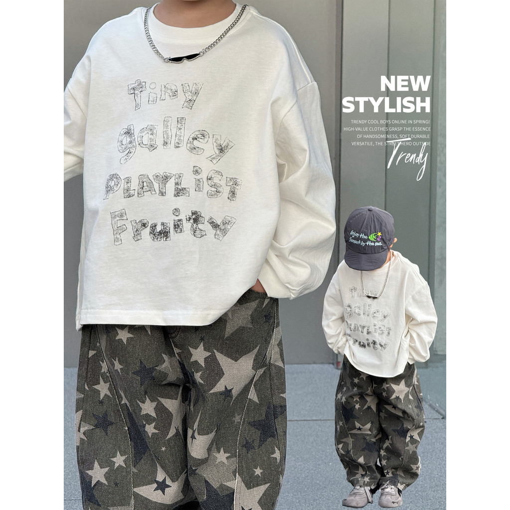 Meninos primavera outono branco impresso manga comprida camiseta crianças primavera solta versão coreana camisa de fundo