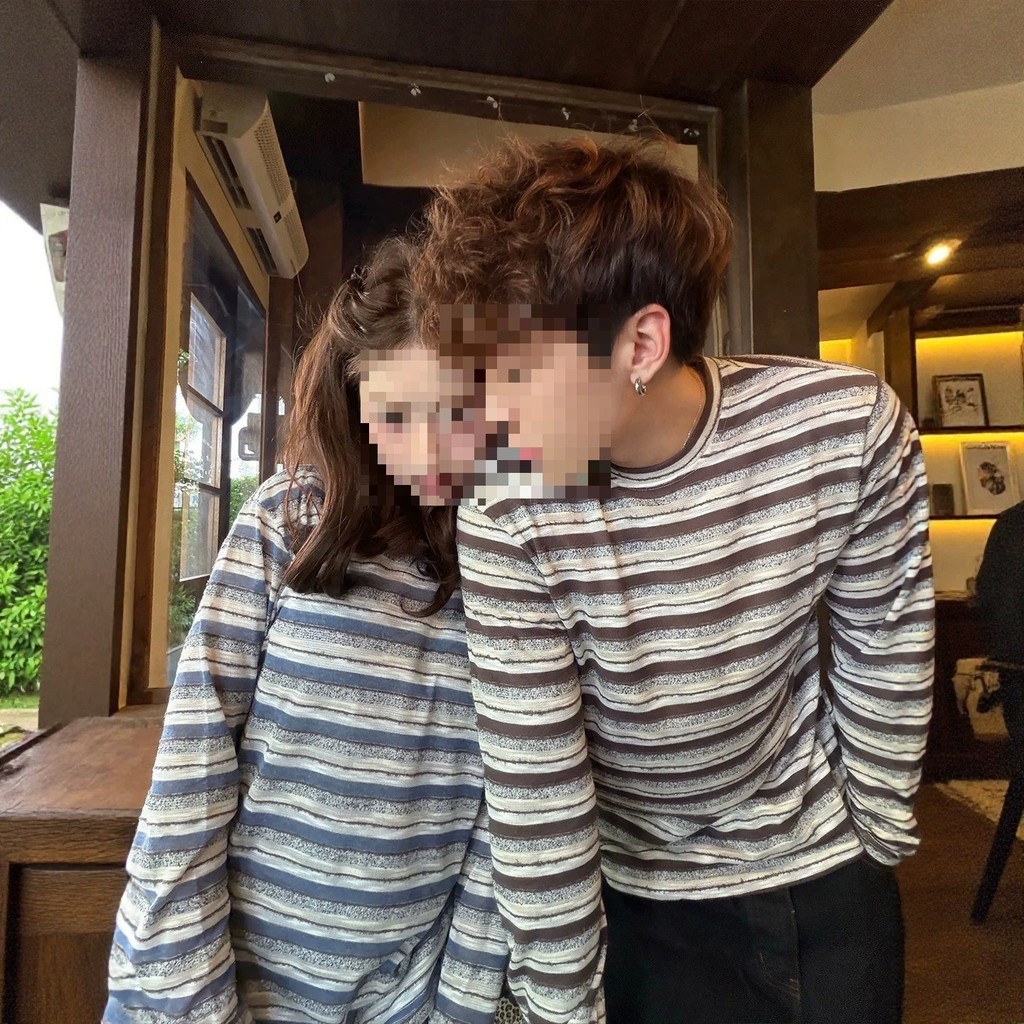 Retro Casual bonito estilo listrado manga comprida camiseta casal estilo outono luz respirável solto protetor solar blus