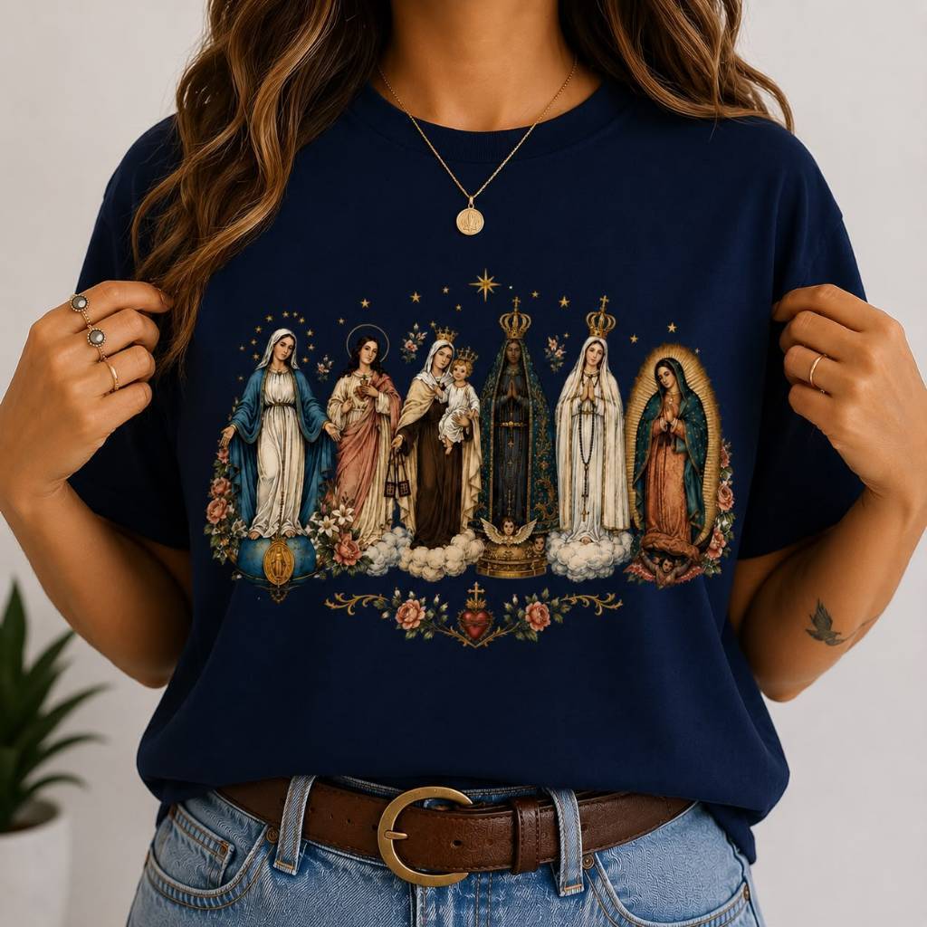 Camiseta T-shirt Católica Nossa Senhora Estampada Feminina 100% Algodão Estampa Religiosa Cristã Premium