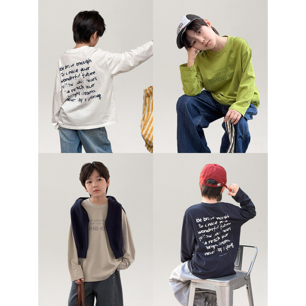 Yima crianças camiseta de algodão de manga comprida 2026 verão outono novo estilo meninos pele-amigável All-Match roupas