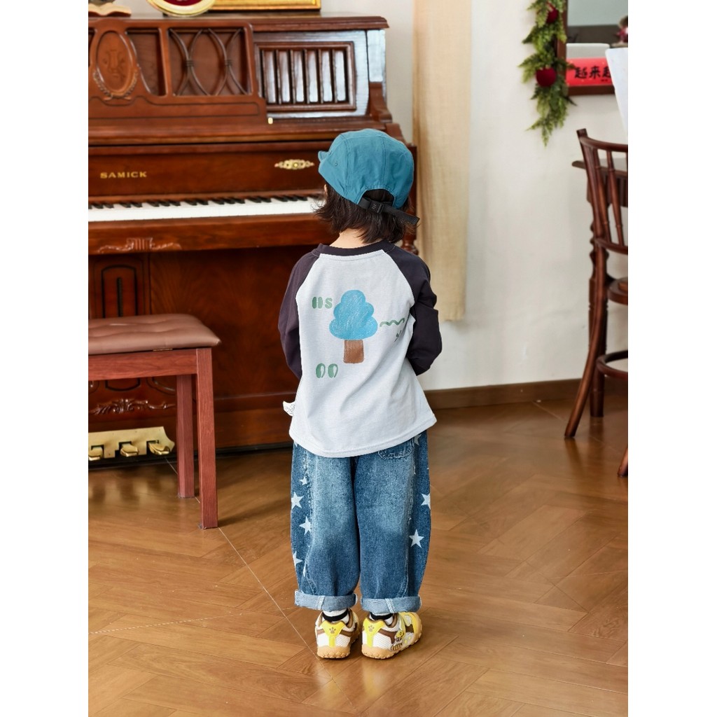 Crianças camiseta de manga comprida 2026 meninos primavera dos desenhos animados cor-bloqueio manga Raglan camisa de fun