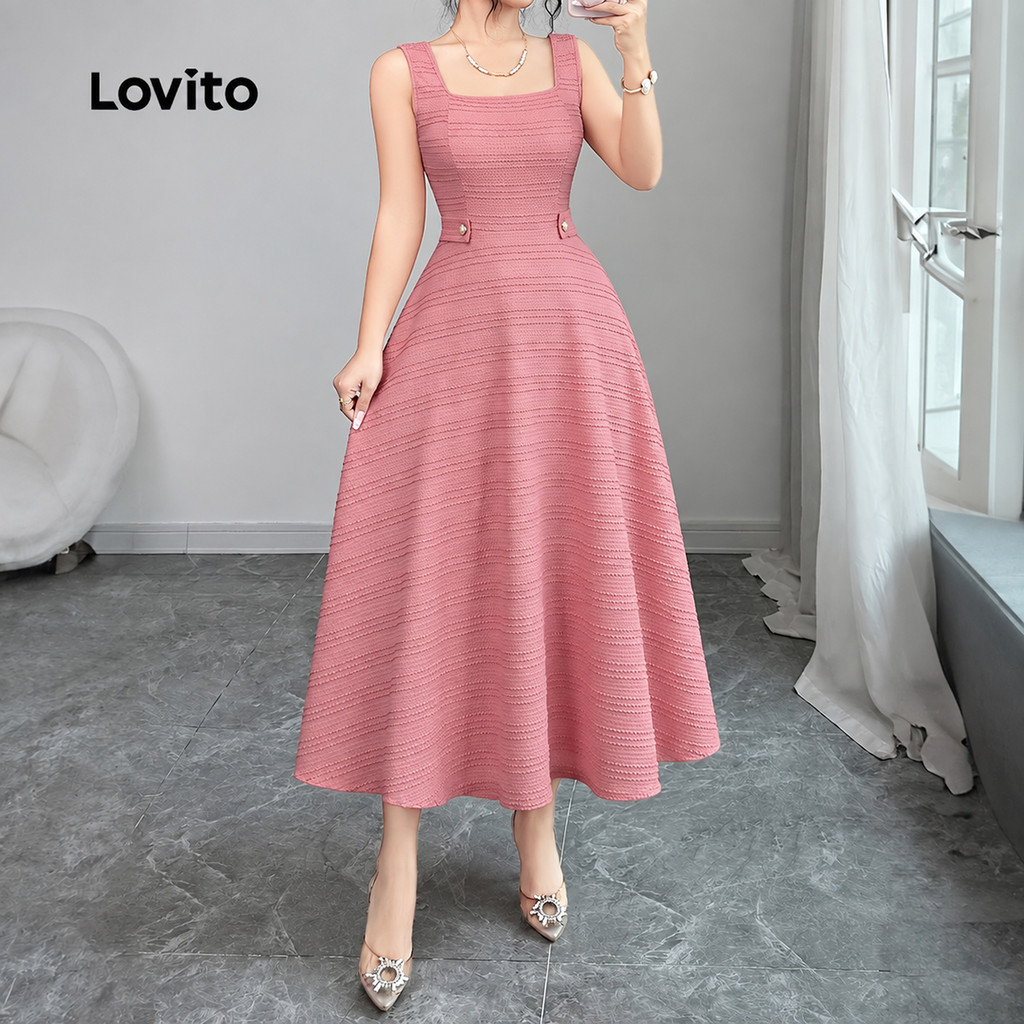 (New Arrival) Lovito Vestido Feminino Rosa Elegante Longo Evasê Com Pérolas E Drapeado Para Trabalho Primavera/verão DRK10P1D1051 — imagem 2 de 2