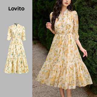 (NEW) Lovito Vestido Elegante com Botão Primavera/verão Vestido Amarelo para mulheres L154LD308 em Oferta na Shopee