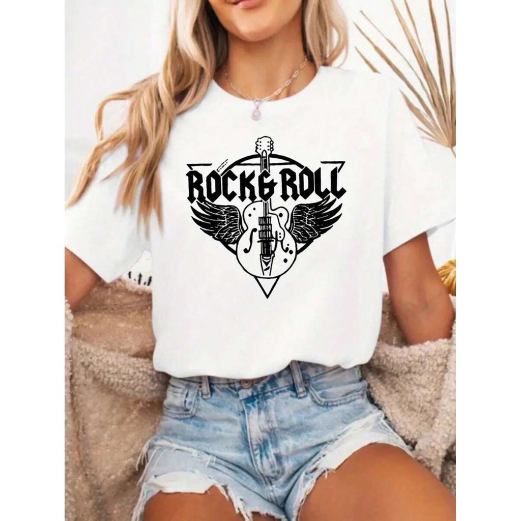 [Camiseta Premium em Algodão Puro]SISI camiseta unissex oversized rock roll guitarra asas estilo musical
