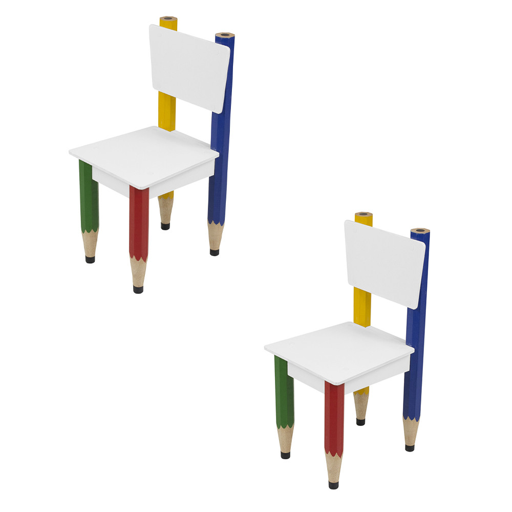 Kit 2 Cadeiras Infantil Lápis Coloridos Assento e Encosto Brancos Pés Temáticos Quarto Mobília Decor