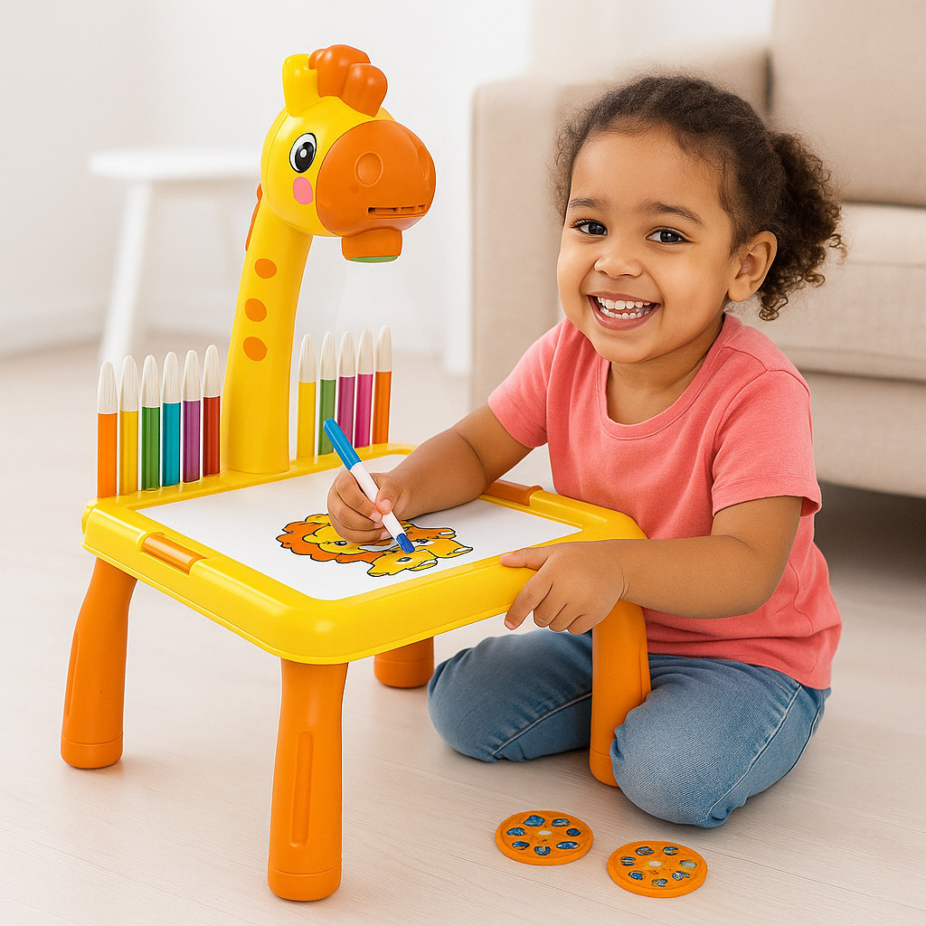 Mesa Projetora Lousa Mágica Girafa Dinosauro Infantil Brinquedo de Desenhar Pintar Colorir Desenho