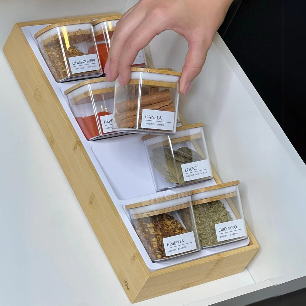 Organizador De Temperos Para Gaveta 09 Peças Bambu