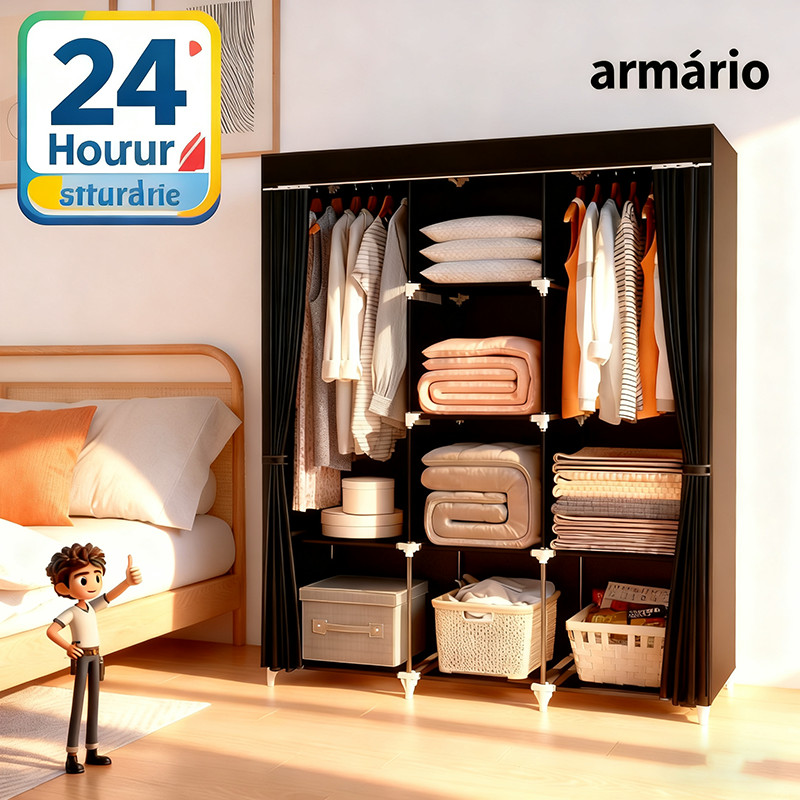 Guarda Roupa Dobrável Grande com 4 Divisórias Armário Organizador, Cabideiro, Sapateira para Roupas, Sapatos