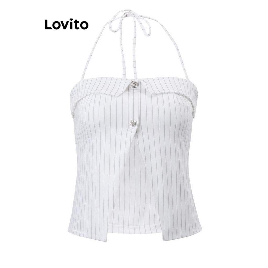 Detalhes do Lovito Regata Casual Listrada Com Botão Geométrico Para Mulheres LNE712113