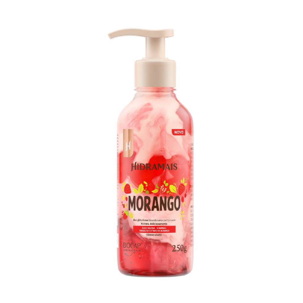 Creme Hidratante Corporal Duo Gel Morango Hidramais 250g Vegano com Vitamina E e Óleos Naturais