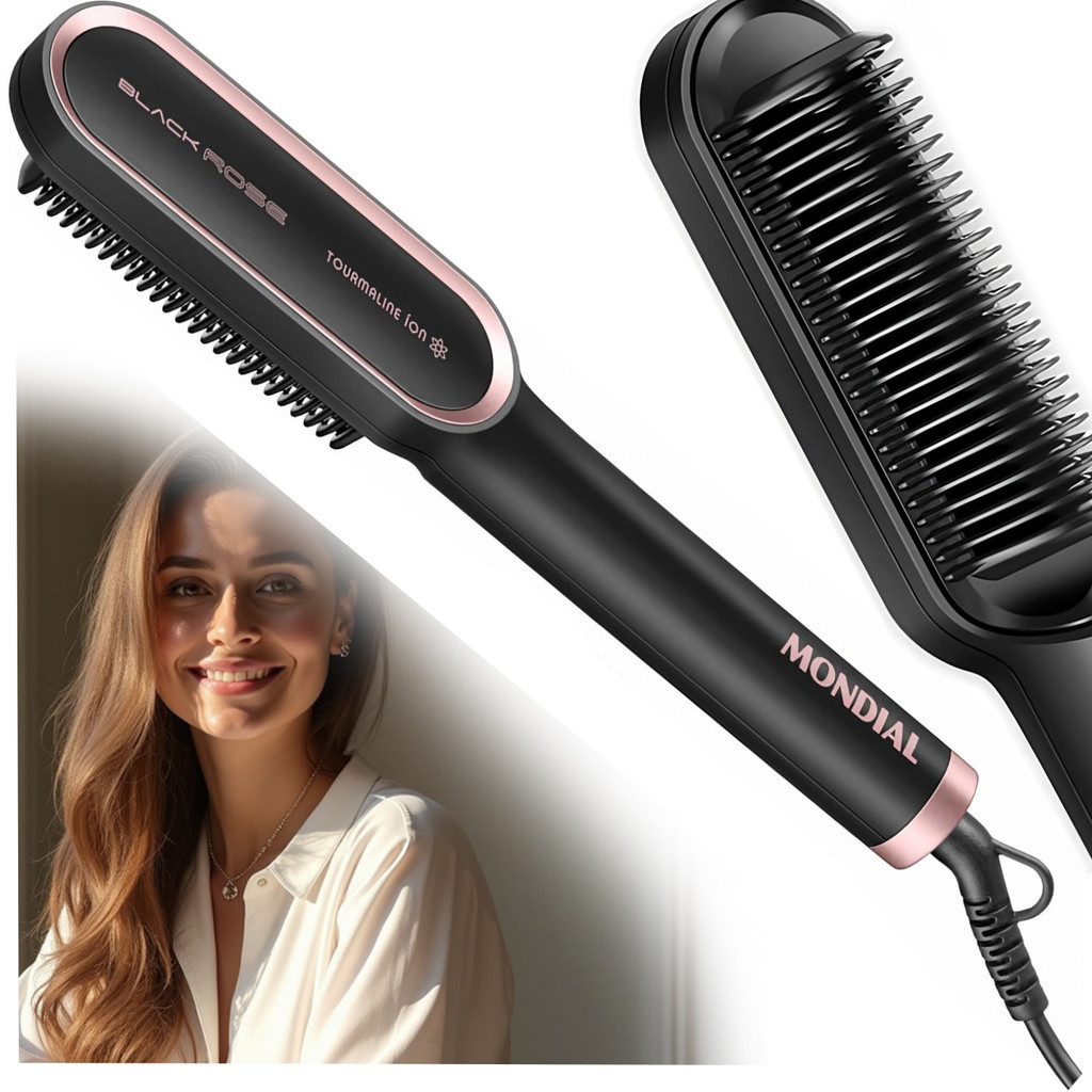 Escova Alisadora Mondial EA-07 Preto/Rose 36W Bivolt Alisamento Instantâneo Cerâmica Tourmaline Íon 230°C em Oferta na Shopee