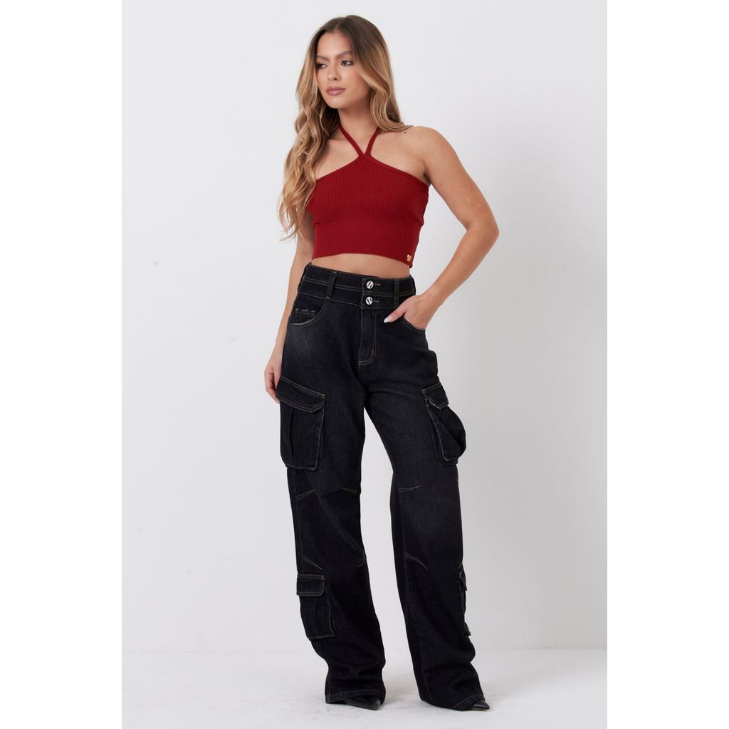 Detalhes do Cropped Feminino Tricot Amarração Planet Girls Vermelho Médio