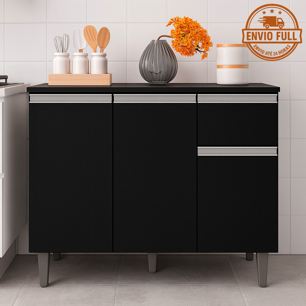 Balcão Organizador Cozinha Vanessa com tampo 105cm Cor Preto Fosco  - AJL Móveis