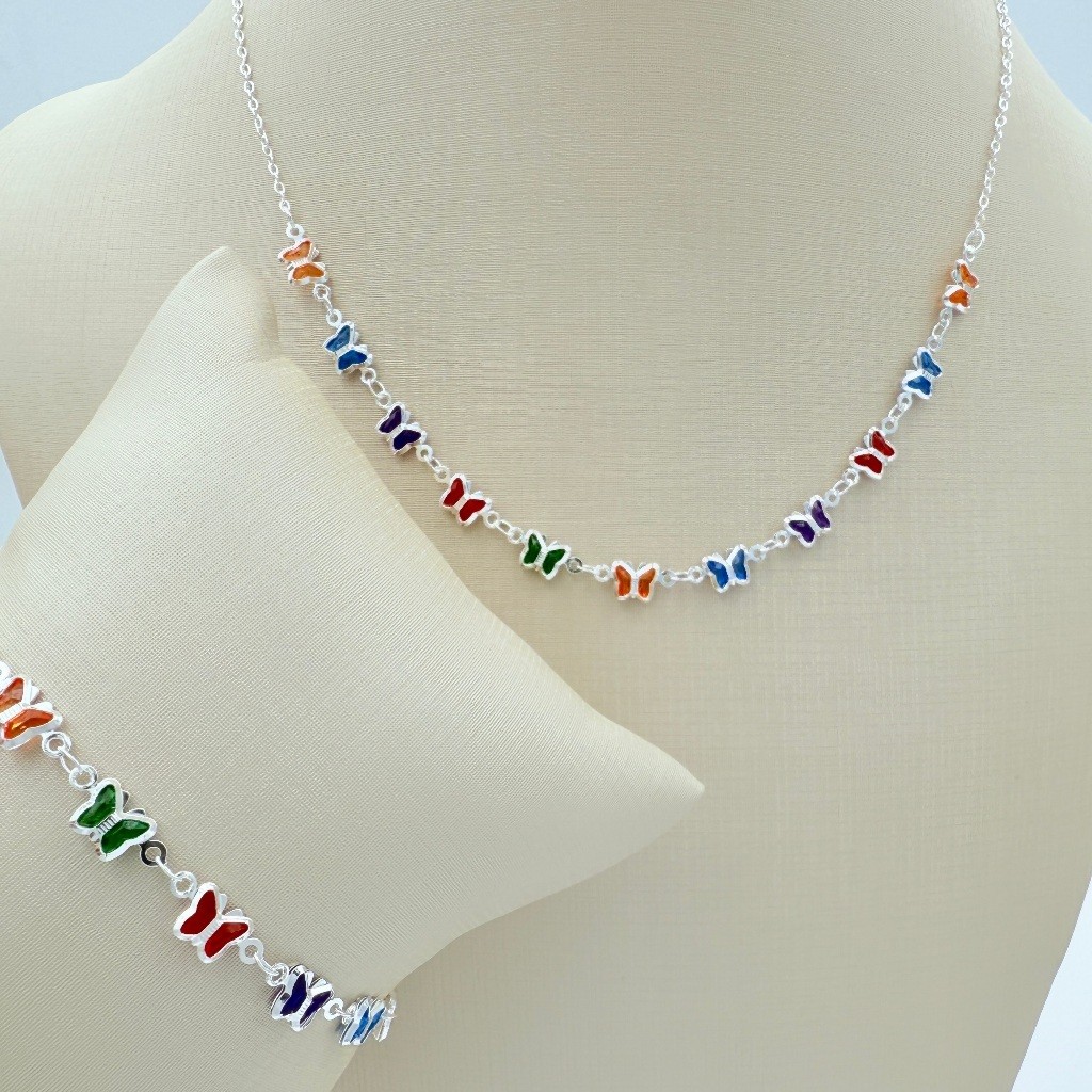 Conjunto de colar e pulseira de borboleta colorida banhado e ouro 18k a prata 925 feminina