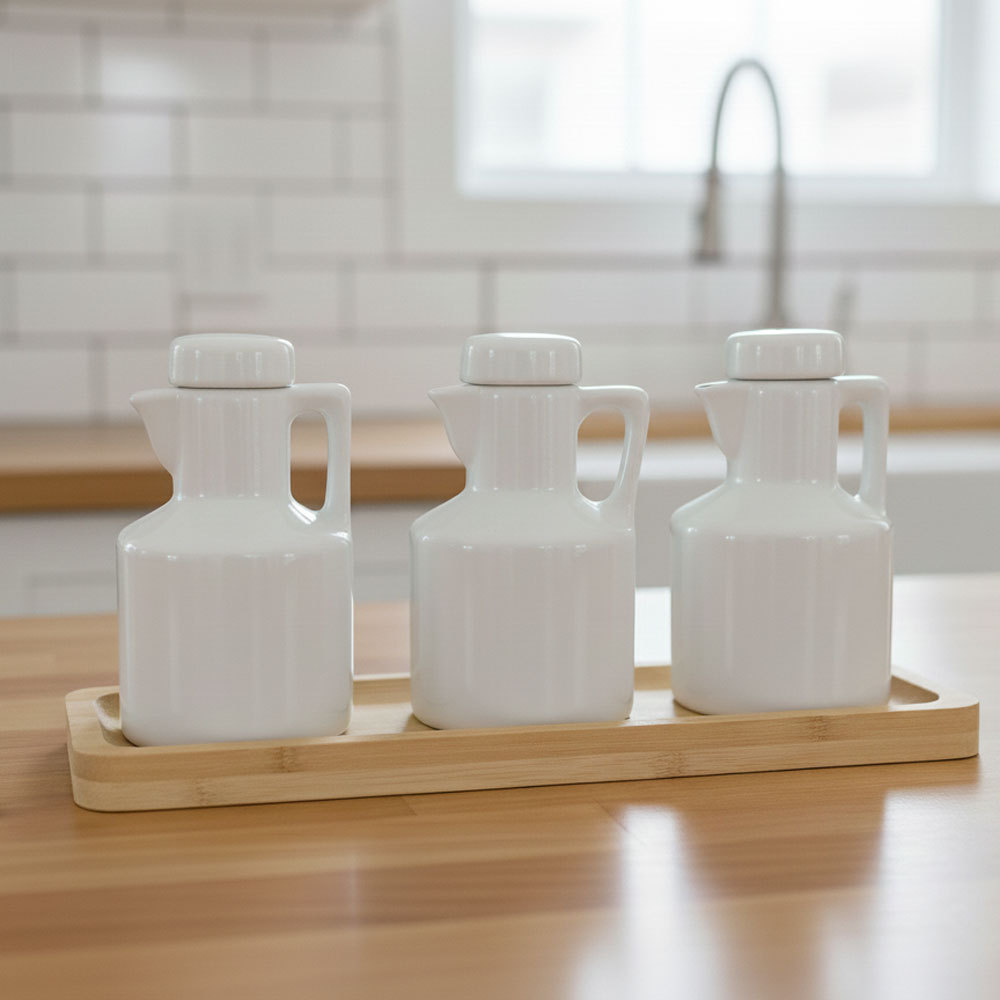 Kit 3 Garrafas Galheteiro Porcelana com Bandeja Bambu