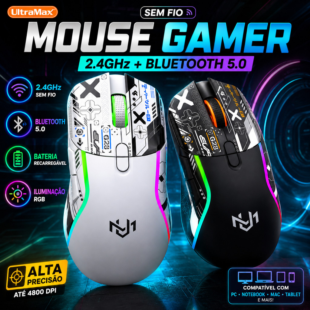Mouse Gamer Wireless RGB Recarregável Bluetooth 5.0 2.4GHz USB Alta Performance