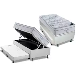 Cama Box Baú c/Auxiliar Solteiro: Colchão Molas Ortobom SuperPocket Freedom Visco + Base CRC Courano Branco(88x188)