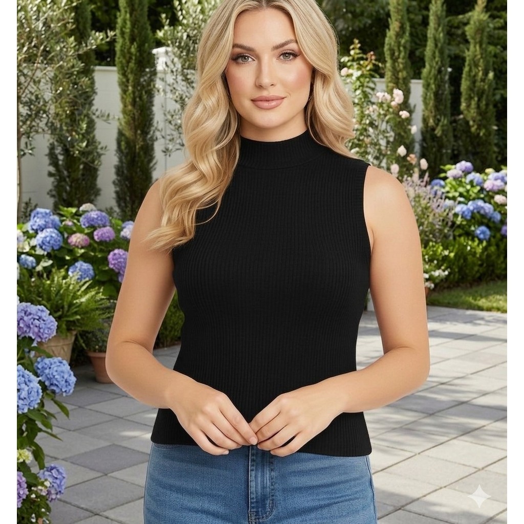 blusa feminina gola alta manga cavada canelada justinha com elastano estica corpo top tendencia