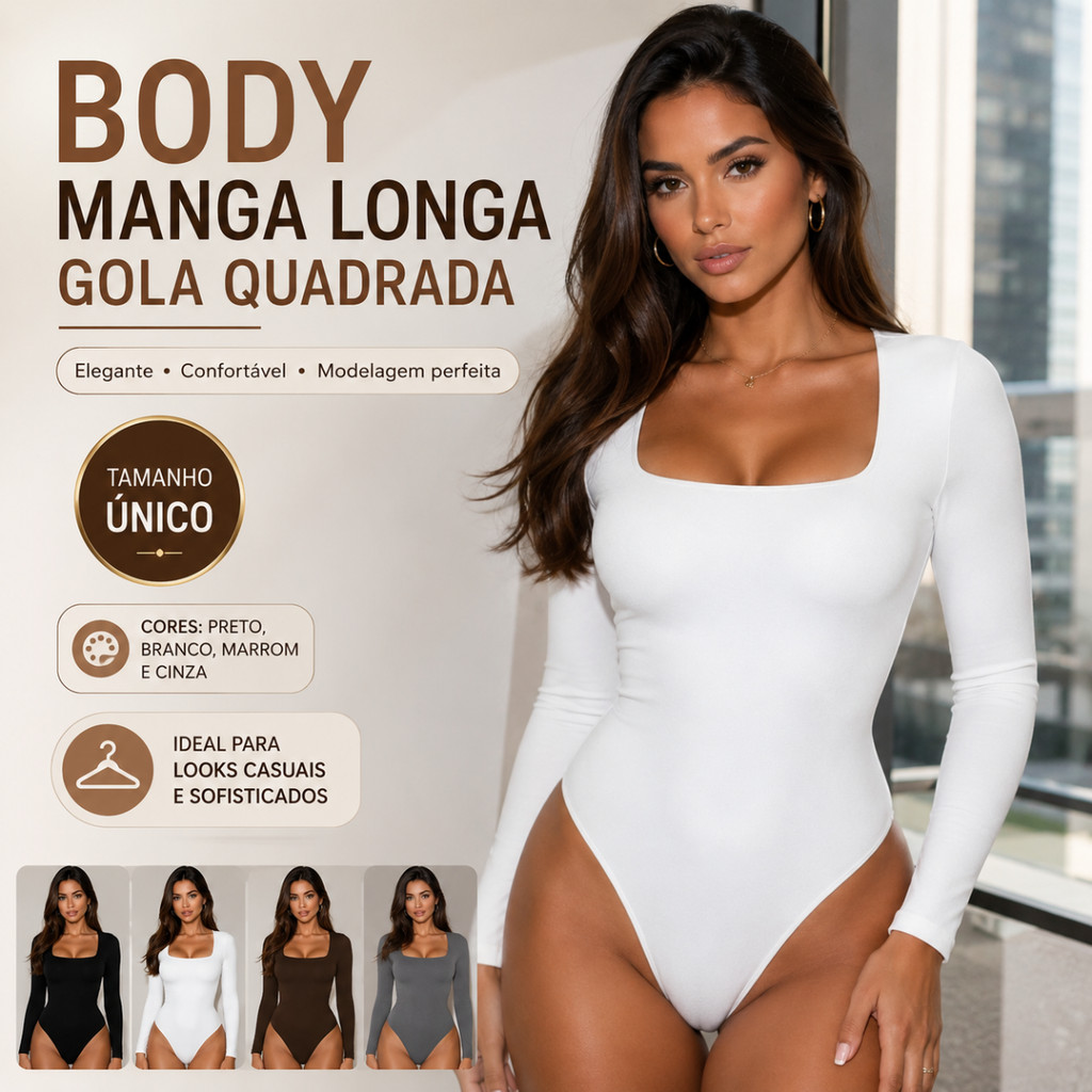 Body Feminino Gola Quadrada Manga Longa Segunda Pele Suplex Elegante | Kit 3 e 4 Mais Vendido