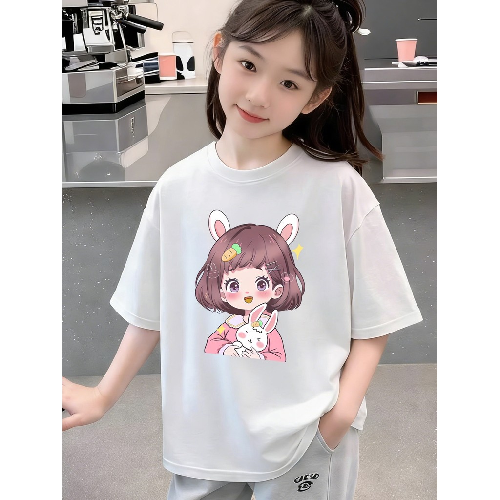 Crianças roupas infantis branco puro algodão de manga curta camiseta meninas verão 2026 novo estilo crianças impresso to