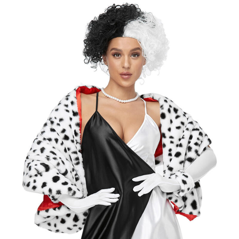 Capa de Bruxa Preta e Branca com Estampa de Leopardo e Cão Manchado - Cruella E2D2 8OWX
