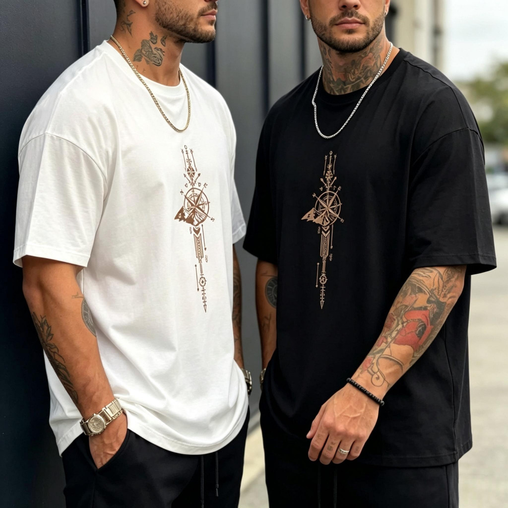Camiseta Masculina Oversized Algodão Estampa de Bússola Moda Streetwear Camiseta Casual Confortável para Uso Diário