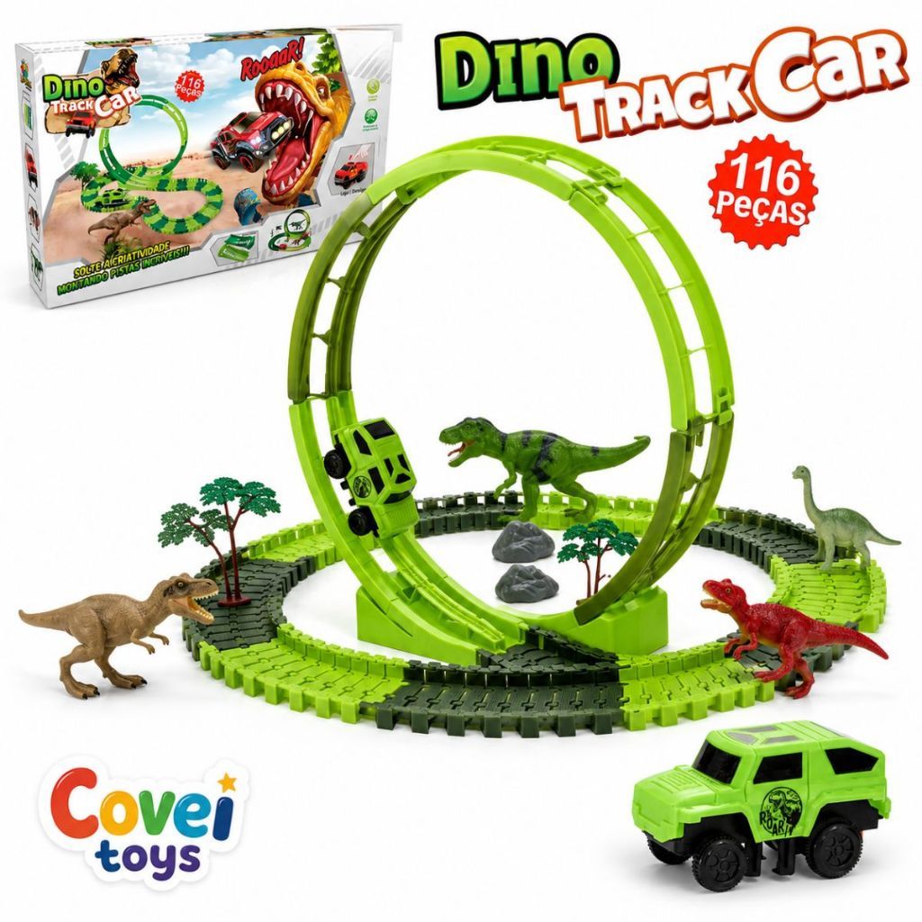 Pista Dinossauro Dino Track Car 116 Peças Com Looping Carrinho Trilhos Flexíveis E Dinossauros