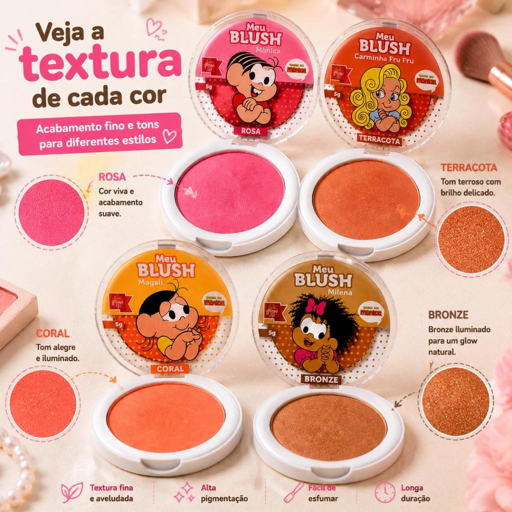 Kit Blush Turma da Mônica 4 Cores Meu Blush Mônica Milena Magali Carminha Fru Fru Infantil — imagem 2 de 2