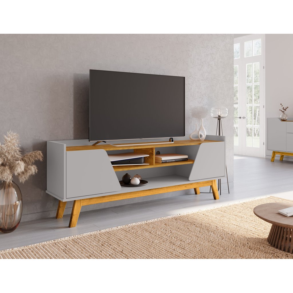 Rack para TV até 65 Polegadas MDF 160cm Pés em Madeira Maciça Turim 2 Portas 1 Prateleira Branco Off White/Cinamomo