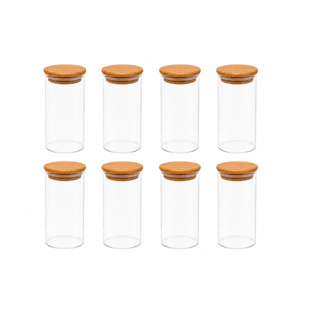 Kit 8 Potes de Vidro Temperos Hermético C/ Tampa em Bambu 150ml - Vencedor