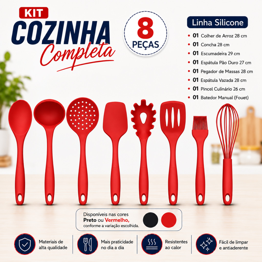 Jogo Utensílios Cozinha Completa 8 Peças Silicone Inox Vermelho e Preto