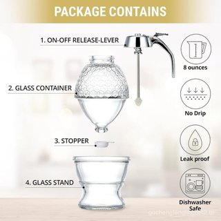 PAULSWAY Dispensador de Mel de Vidro com Haste de Aço Inoxidável, Tampa de ABS Prateada Elegante – Jarra de Vidro Anti-G